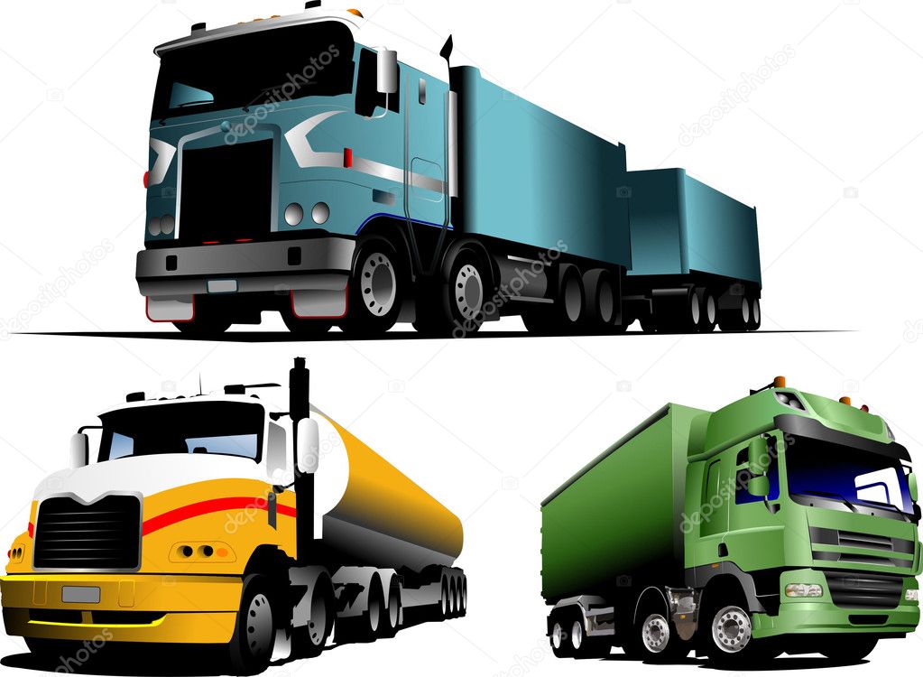 Green, blue and yellow trucks on the ro