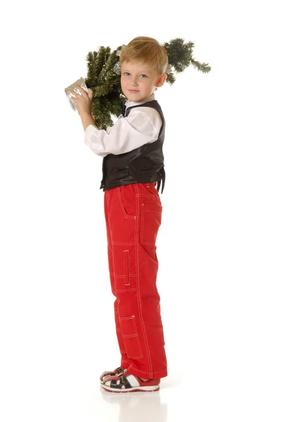 O rapaz com uma árvore de Natal — Fotografia de Stock