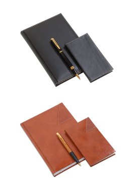 Notebook in leather cover and pen clipart