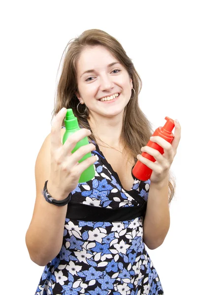 Menina com spray de produtos de higiene pessoal — Fotografia de Stock