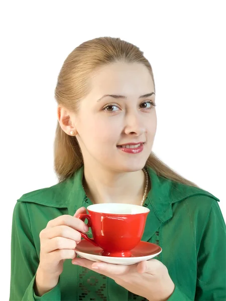 Дівчина з червоною чашкою — стокове фото