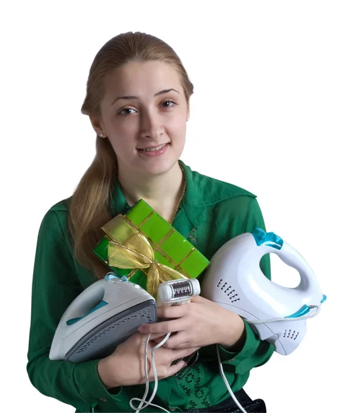 Girl with household appliances and prese — Stock Photo, Image
