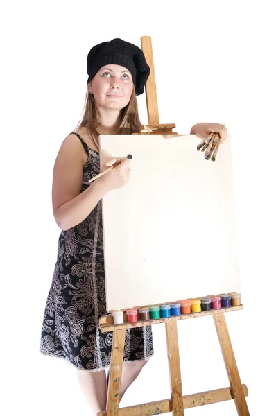 Girl near empty canvas — Stock Photo, Image