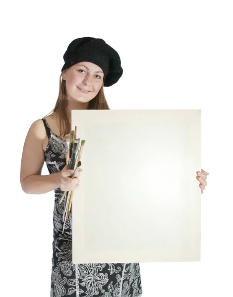 Meisje met leeg canvas — Stockfoto