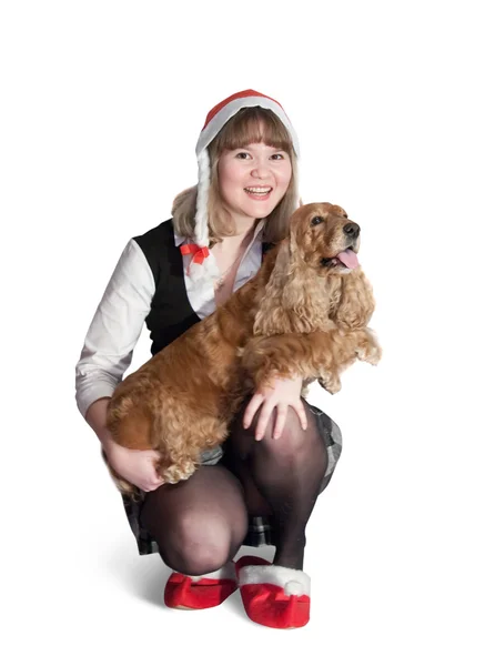 サンタの少女と犬 — ストック写真