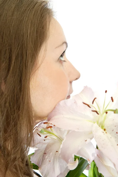 Liliom virág lány portréja — Stock Fotó
