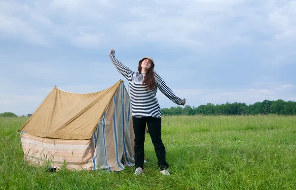 Girl waking up in the morning at camping — Stock Photo, Image