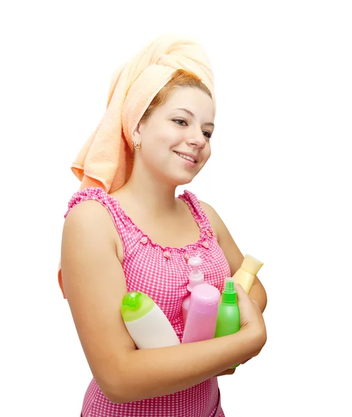 Girl in pink dress with colored toilletr — Stock Photo, Image