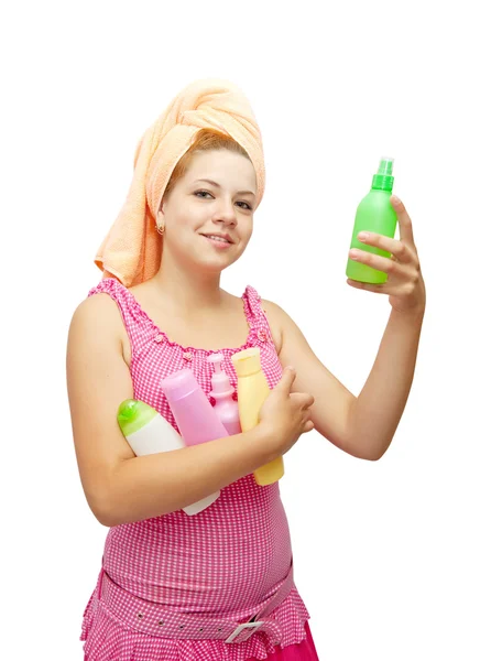 Menina com produtos de higiene pessoal — Fotografia de Stock