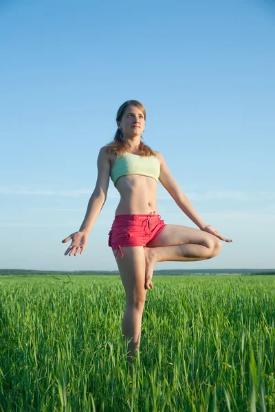 Doğaya karşı yoga yaparken genç kız — Stok fotoğraf