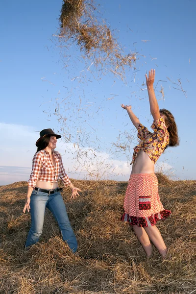 Playing girls in hay — Stock Photo, Image