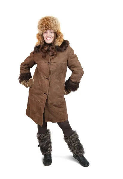 Girl in sheepskin and hat with earflaps — Stock Photo, Image