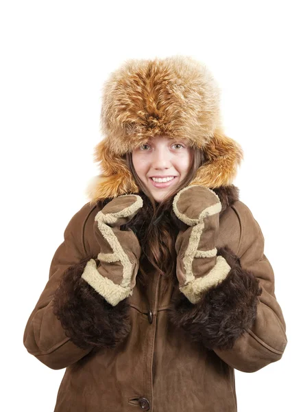 Girl in sheepskin and fox hat — Stock Photo, Image