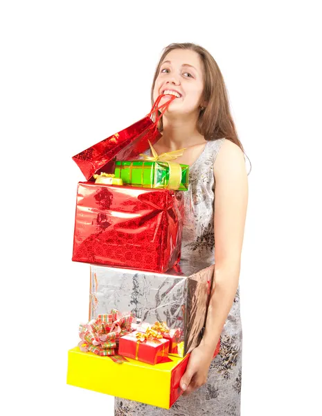Дівчина з кольоровими покупками подарункових пакетів — стокове фото