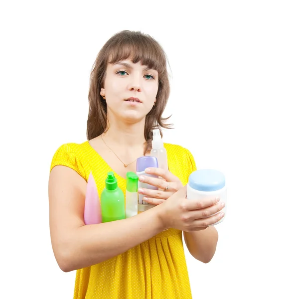 Menina com produtos de higiene pessoal — Fotografia de Stock