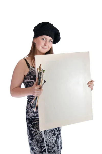 Girl with empty canvas — Stock Photo, Image