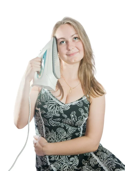 Girl with electric iron — Stock Photo, Image