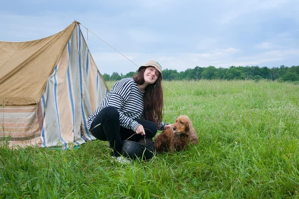 Девушка с собакой в лагере — стоковое фото