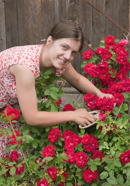Dívka floristů pracuje v zahradě — Stockfoto