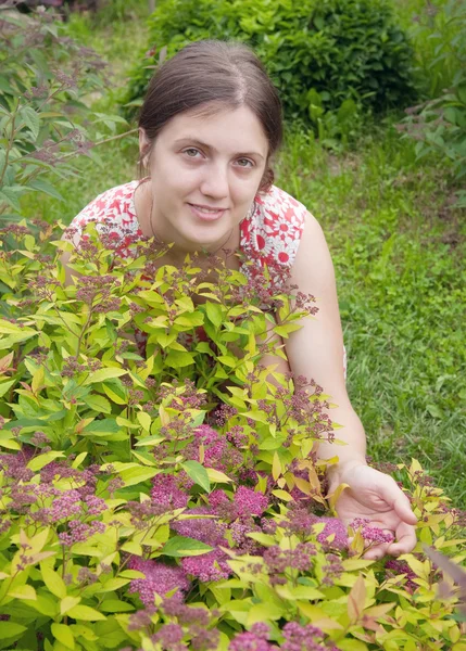 Chica con espiraea en el jardín —  Fotos de Stock