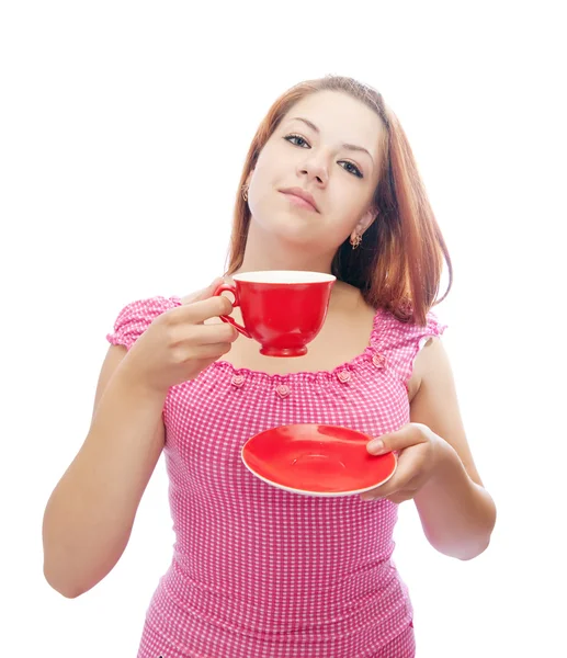 Chica con taza roja — Foto de Stock