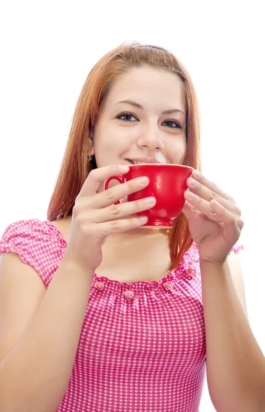 Mädchen mit roter Tasse — Stockfoto