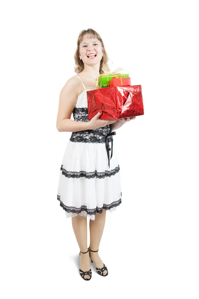 Menina com caixas de presente sobre branco — Fotografia de Stock