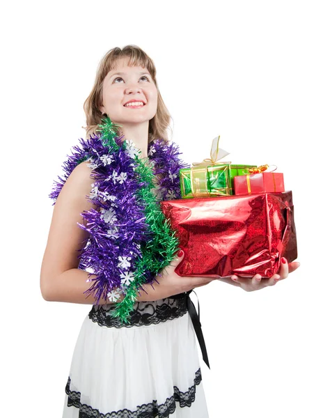 Dívka s vánočními dárky — Stock fotografie
