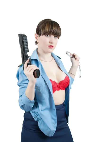 Mulher sexy em uniforme com arma — Fotografia de Stock