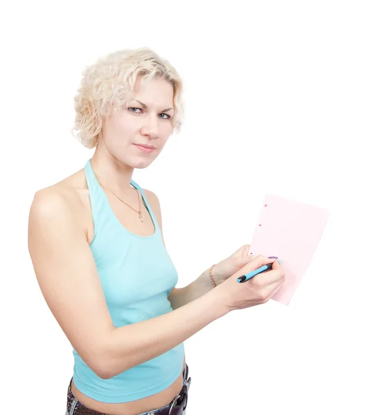 Gerente feminina escrevendo em um papel — Fotografia de Stock