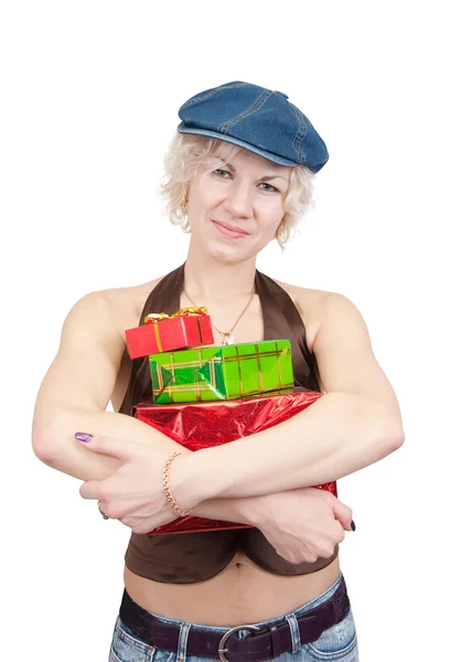 Chica sosteniendo cajas de colores —  Fotos de Stock