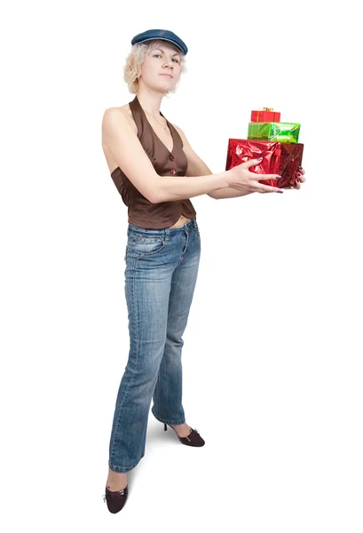 Girl with coloured present boxes — Stock Photo, Image