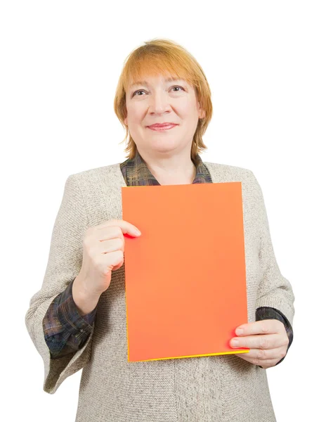 Senior woman holding on empty red poster — Stock Photo, Image