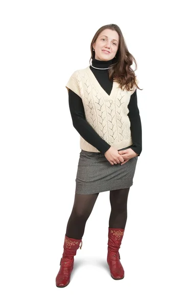 Длинноволосая девушка в свитере поверх белого — стоковое фото