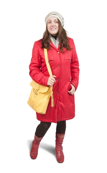 Menina em casaco de inverno com bolsa — Fotografia de Stock