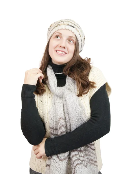 Chica de pelo largo en suéter y gorra — Foto de Stock