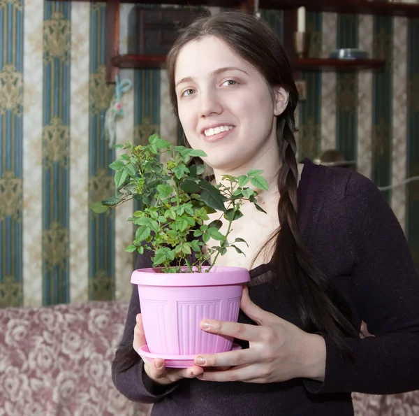 Flicka med blomma i potten — Stockfoto