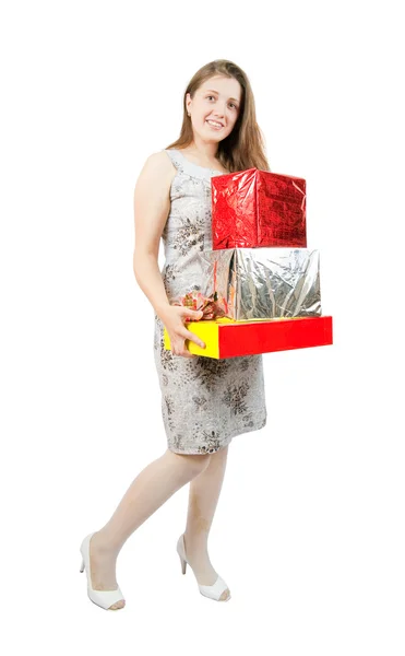Menina agradável segurando caixas coloridas — Fotografia de Stock