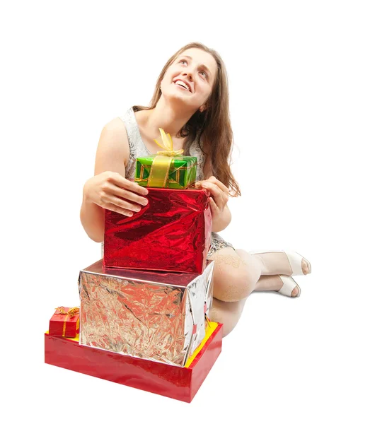 Žena sedí s dárky — Stock fotografie