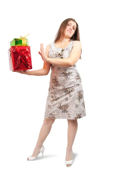 Grumbler menina com caixas de presente — Fotografia de Stock