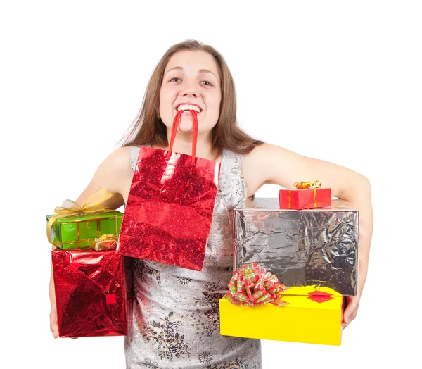 Glad tjej med gåvor — Stockfoto