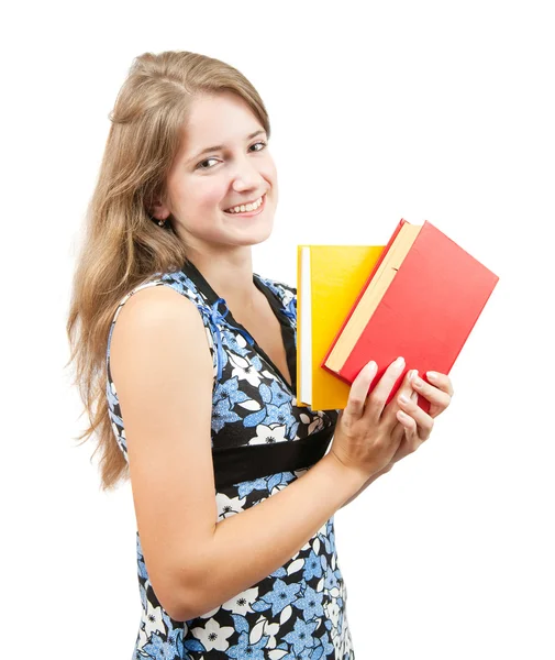 Schoolmeisje met boeken over Wit — Stockfoto