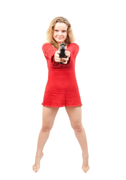 Sexy woman in red dress with gun — Stock Photo, Image