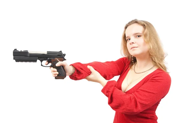 Girl in red dress with gun — Stock Photo, Image