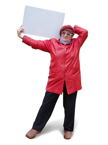 Κυρία με κόκκινο κατέχει ένα άδειο αφίσα. — Φωτογραφία Αρχείου