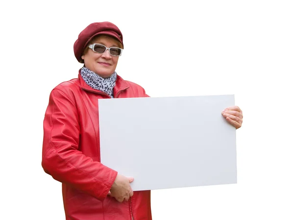 女性は赤で空のポスターを保持します。. — ストック写真