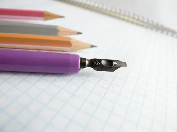 Фонтанна ручка та олівці на копіювальній книзі — стокове фото