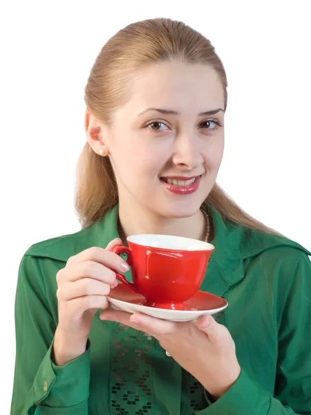 Chica con taza roja — Foto de Stock