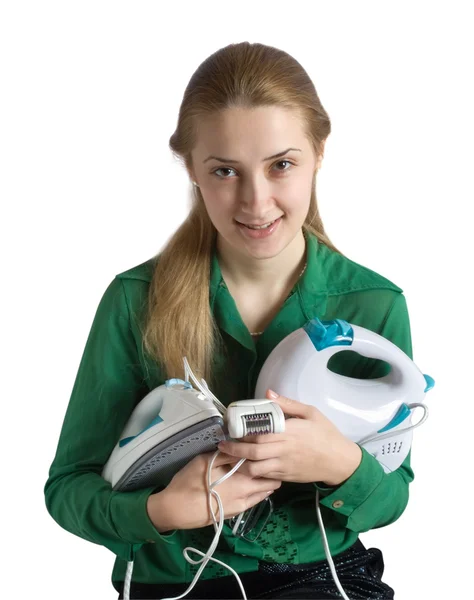 Girl with household appliances — Stock Photo, Image