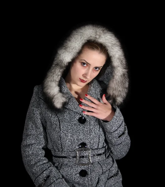 Portrait of sexy woman in gray coat — Stock Photo, Image
